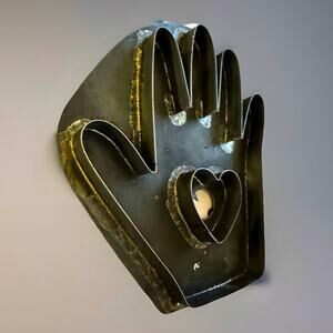 Vintage Cast Metal Hand Glove Trinket Dish with Heart Cutout Decorative